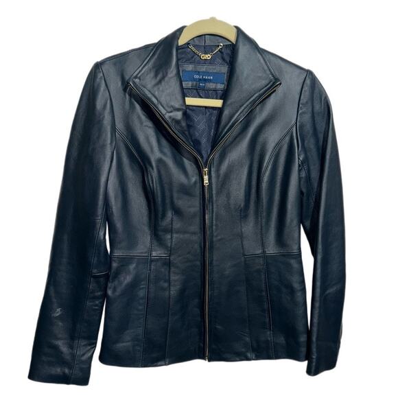 Cole Haan Leather Wing Collared Jacket Women’s Size XS Navy - Picture 1 of 4